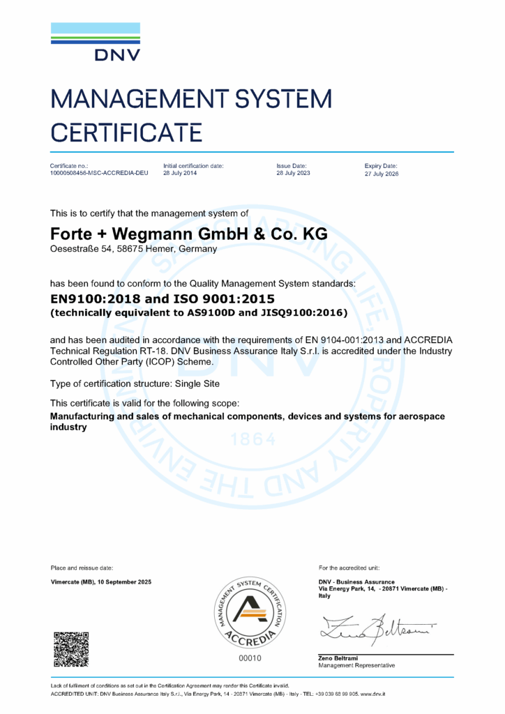 EN 9100:2018 Zertifikat – Luft- und Raumfahrt – Forte & Wegmann – gültig bis 27.07.2026 (DNV)